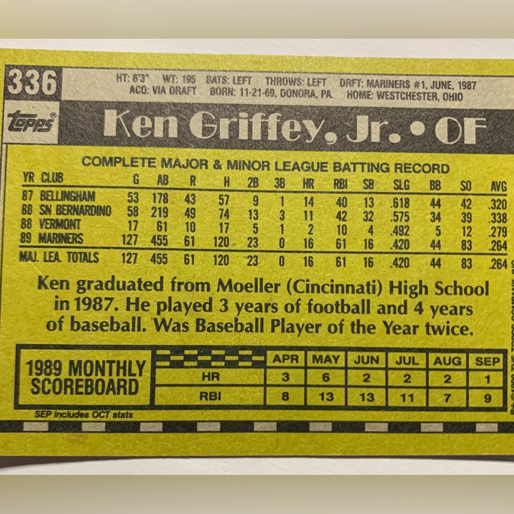 1990 Topps Ken Griffey Jr #336 HOF Bloody Scar Ungraded - Picture 5 of 6